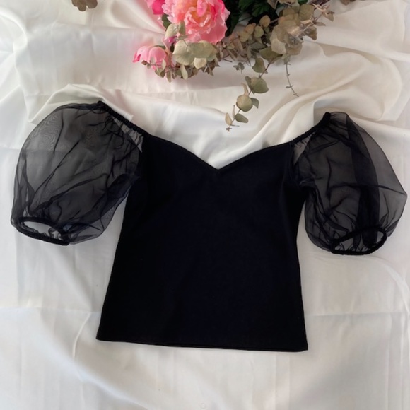 NWOT EXPRESS Feminine Black Off Shoulder Sheer Puff Sleeve Blouse XS Stretch Top - Picture 10 of 16
